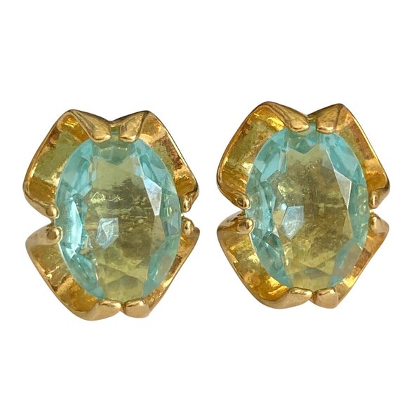 Vintage Aqua Blue Glass Clip On Earrings Jeweled Cut Gold Plated Huggie 70s USA - Picture 1 of 10